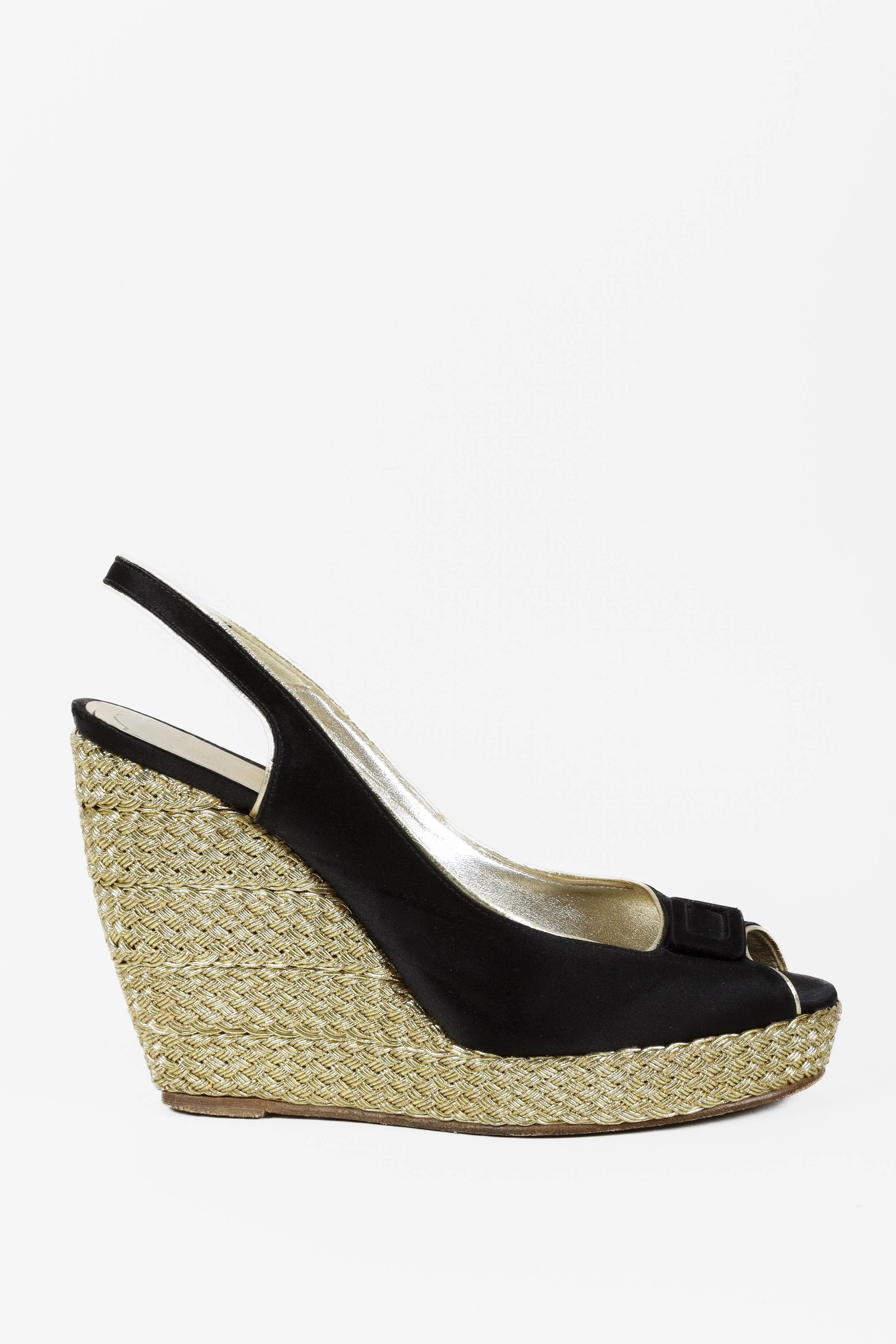 Roger Vivier Black Satin Peep Toe Slingback Wedges BLOGGER ARMOIRE